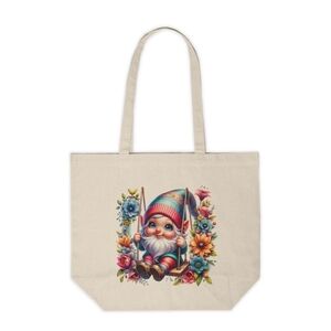 Spring Swinging Gnome With Flowers Custom Canvas Tote Bag